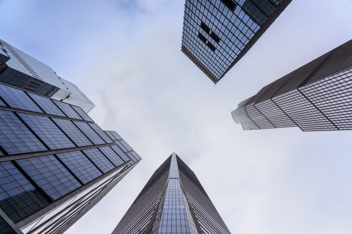 This view looks up at the towers in New York's Hudson Yards. The buildings seen here are 30, 35, 50 and 55 Hudson Yards.