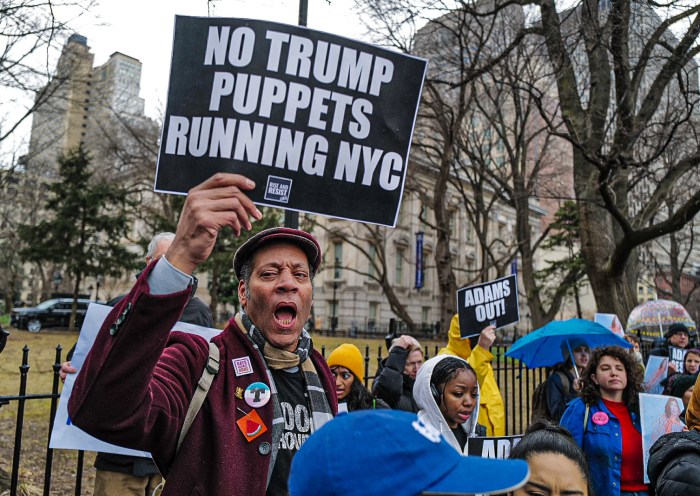 Fuming demonstrators gathered in Foley Square on Feb. 27 in what they say is a unified demand for Mayor Eric Adams to either resign or be removed from his post. They allege Hizzoner is colluding with President Donald Trump, giving the Republican free reign over the Big Apple in exchange for his own criminal charges being dropped.