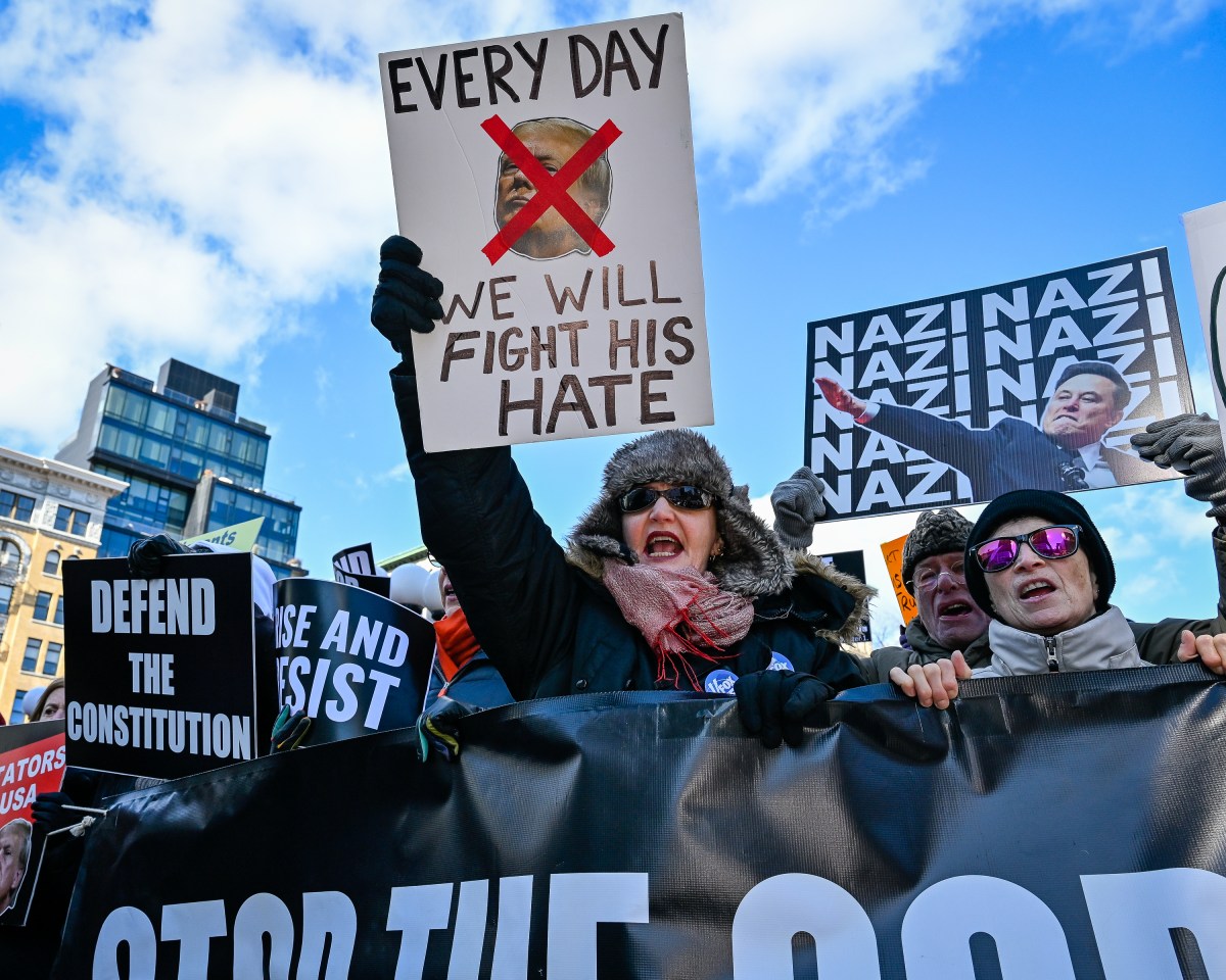 Julie DeLaurier. Thousands of New Yorkers took to the street protesting the Trump Administration on Presidents Day. 