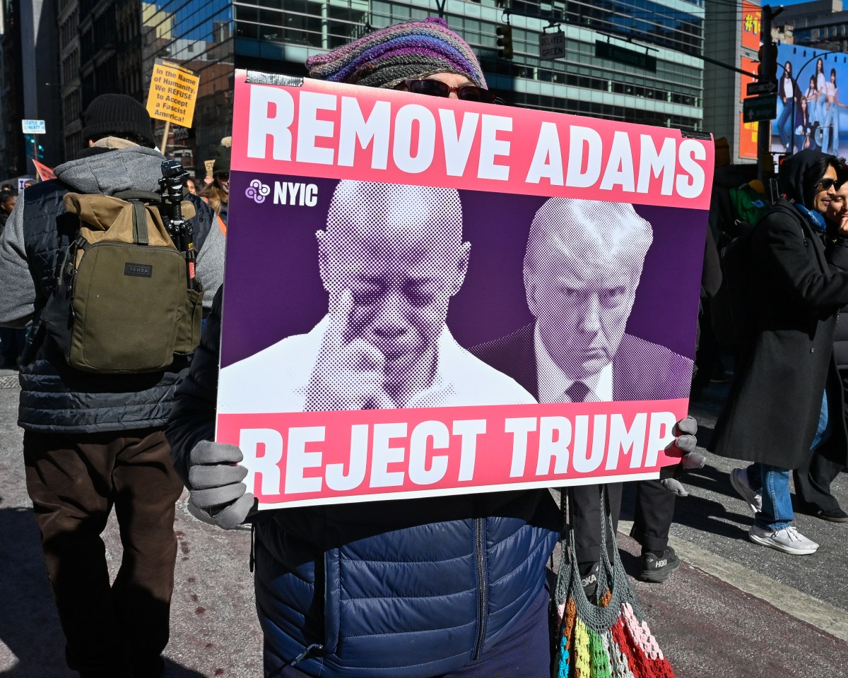 New Yorkers called on Gov. Kathy Hochul to remove Mayor Eric Adams from office at a rally in Lower Manhattan on Feb. 22, 2025.