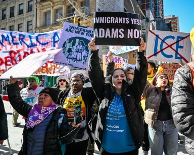 New Yorkers called on Gov. Kathy Hochul to remove Mayor Eric Adams from office at a rally in Lower Manhattan on Feb. 22, 2025.