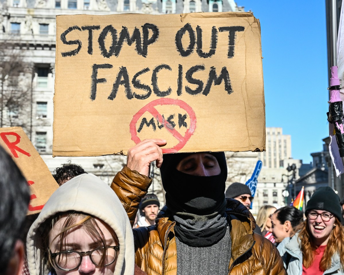 New Yorkers called on Gov. Kathy Hochul to remove Mayor Eric Adams from office at a rally in Lower Manhattan on Feb. 22, 2025.