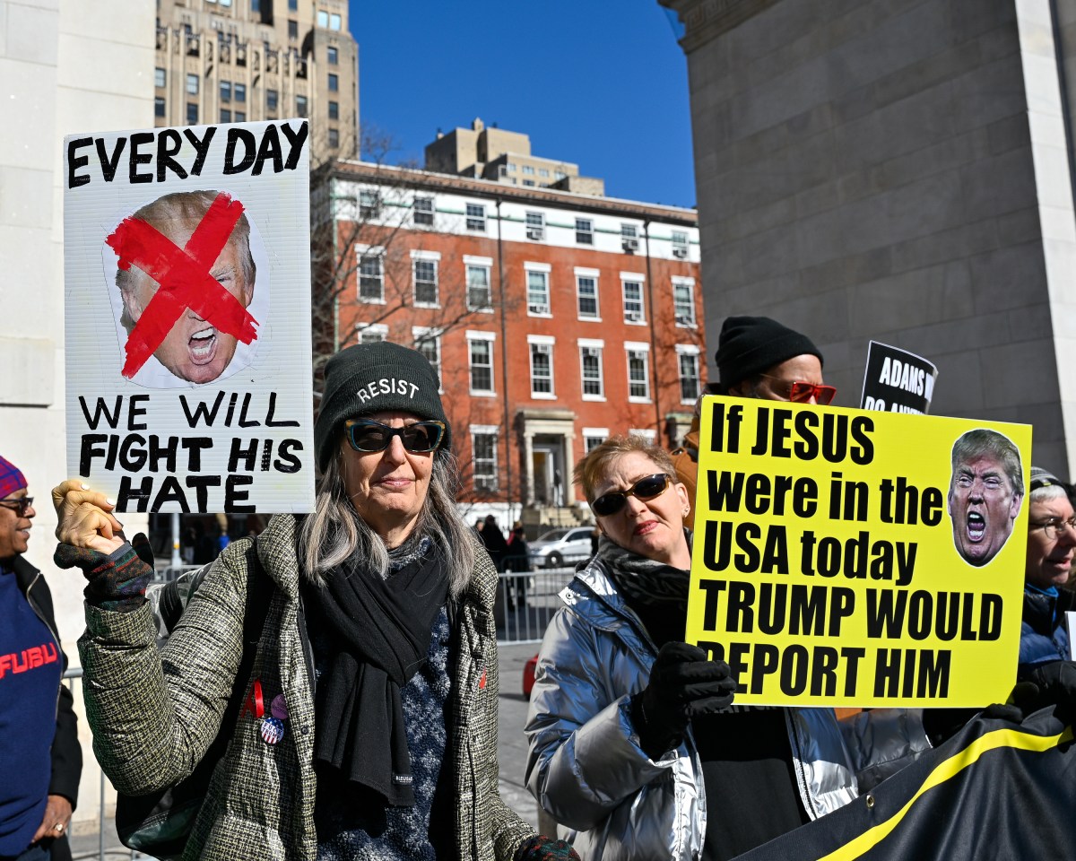 New Yorkers called on Gov. Kathy Hochul to remove Mayor Eric Adams from office at a rally in Lower Manhattan on Feb. 22, 2025.