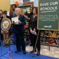 Sen. Kirsten Gillibrand at a podium in an education classroom