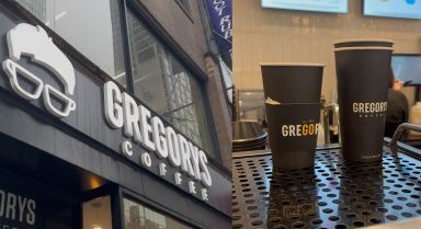 a side by side photo of a Gregorys Coffee storefront and coffee cups