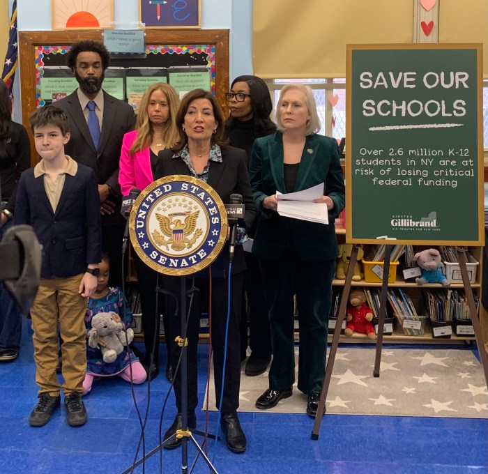 Gov. Hochul at a podium in an education classroom