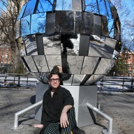 Artist Ryan Van Der Hout with disco ball creation at Washington Square Park