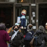 people outside at a protest at Barnard College