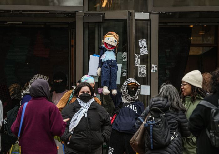 people outside at a protest at Barnard College