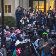 people outside at a protest at Barnard College