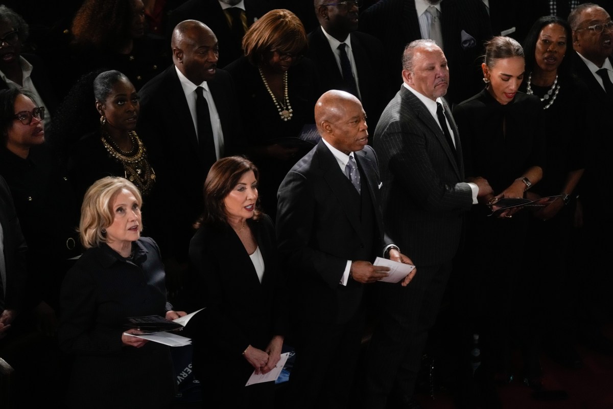 Former Secretary of State Hillary Clinton, Gov. Kathy Hochul and Mayor Eric Adams at the memorial service for Dr. Hazel Dukes in Harlem on March 12, 2025.