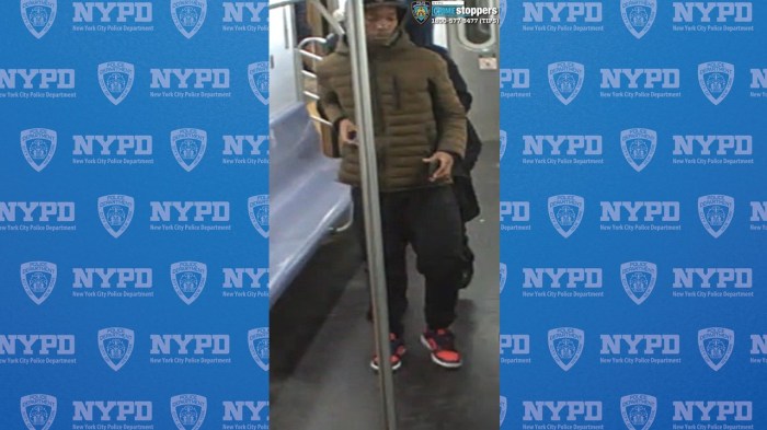 suspect on a Brooklyn train wearing brown coat who allegedly slashed a man