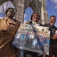 Civil rights marchers from Selma walk across Brooklyn Bridge