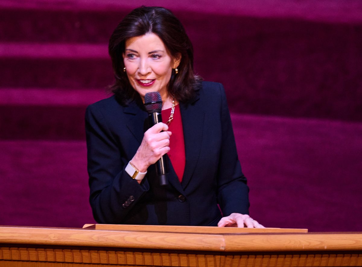 Gov. Kathy Hochul delivers remarks to churchgoers at the Greater Allen AME Cathedral on Sunday, March 2, 2025.