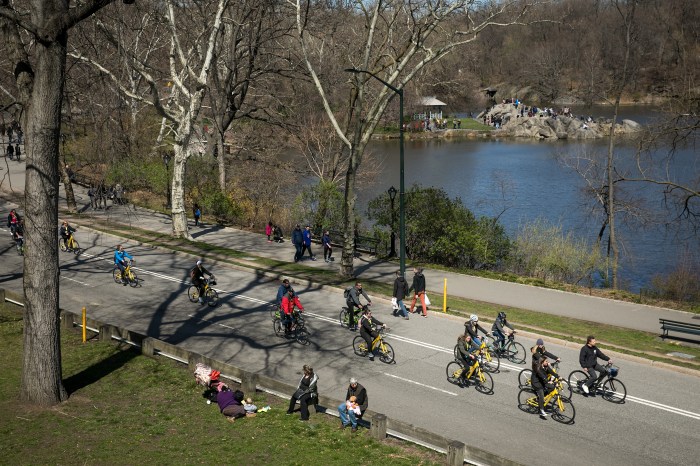 Bicyclists and people on Central Park roadway