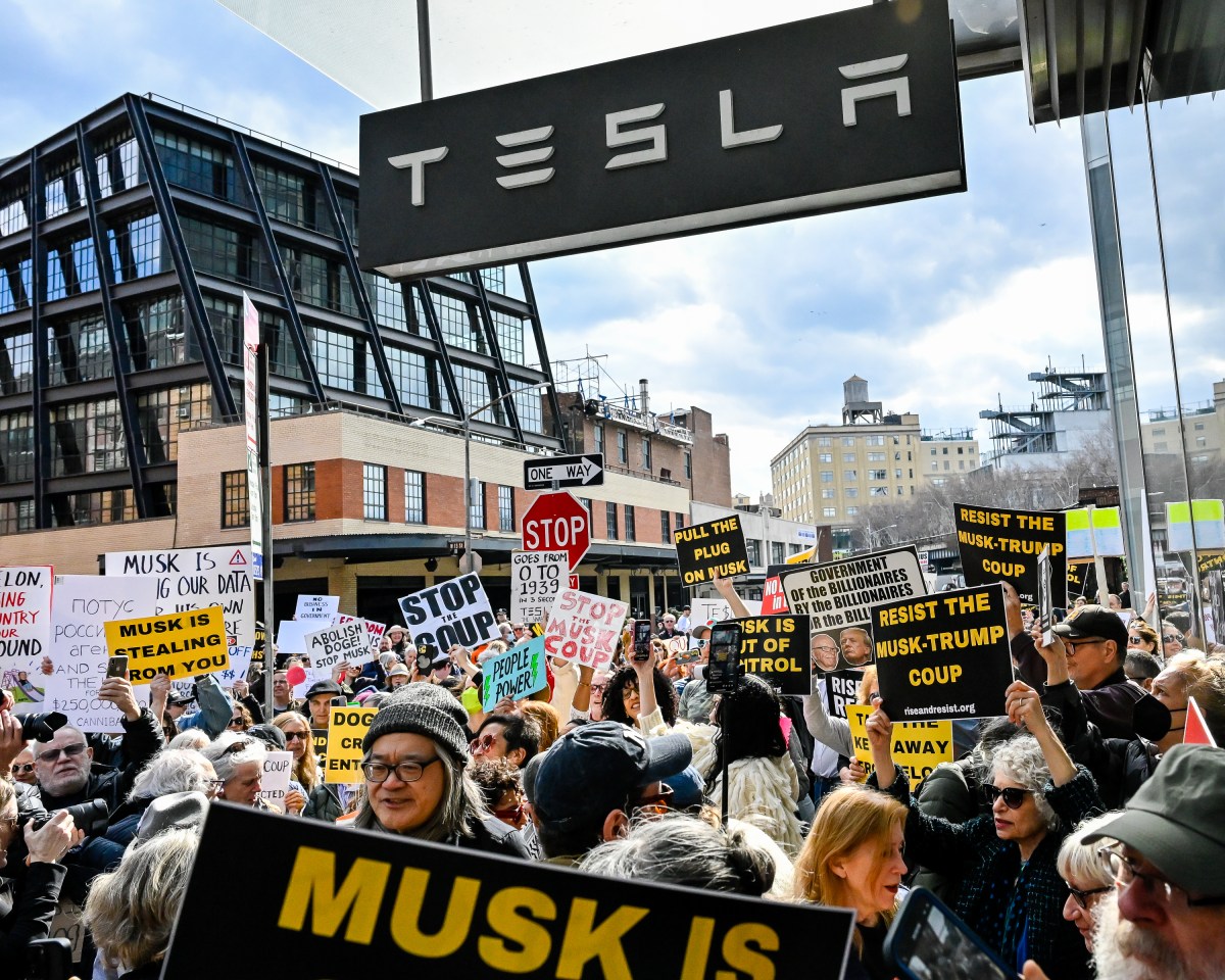 Protest against Elon Musk at Tesla dealership in Manhattan