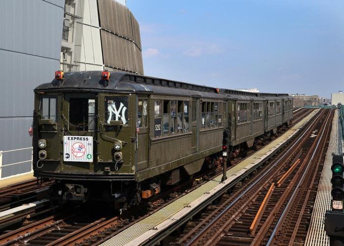 vintage train outside with a Yankees logo