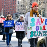 Federal workers and allies protested outside the Jacob K. Javits Federal Building against the massive DOGE firings. Photo by Gabriele Holtermann